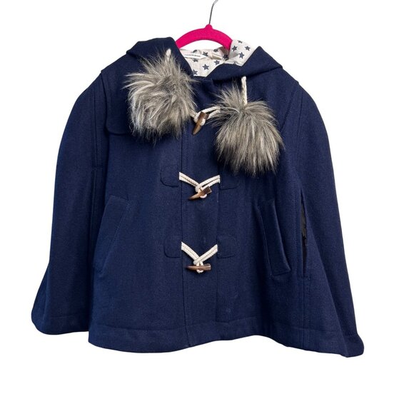 COUNTRY ROAD Hooded Cape Girls 5 Navy Blue Wool Winter Coat Faux Fur Pom Ties - Picture 1 of 12